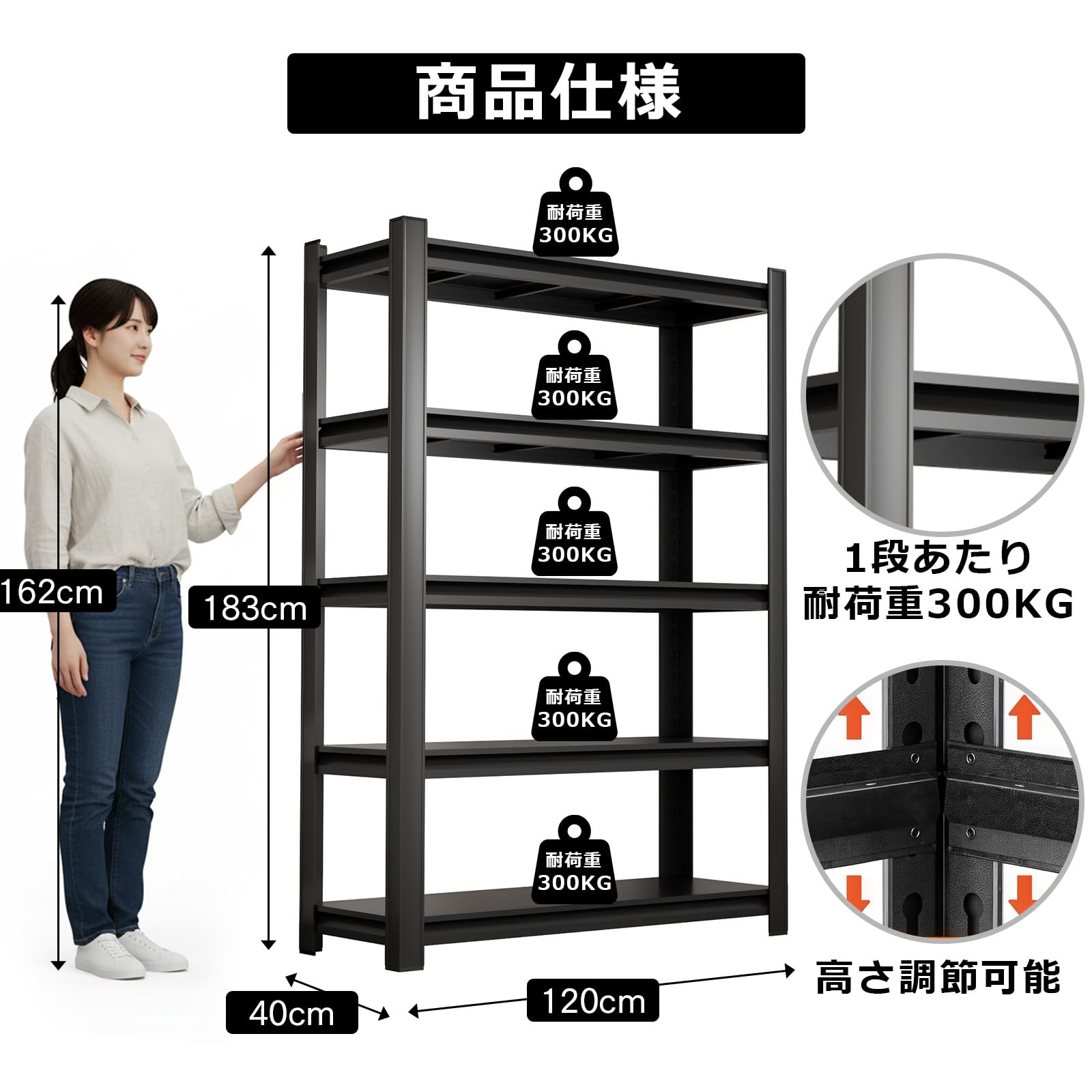Amazon.co.jp: Pusike スチールラック 5段 ブラック, 高耐荷重 収納棚